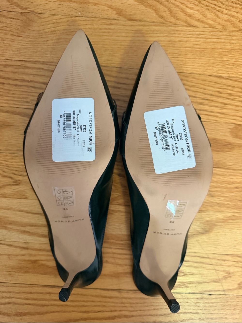 Kurt Geiger Dark Green Pointed Toe Mules with Gold Buckle Detail - Picture 3 of 3